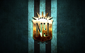 NY Gotham FC, golden logo, NWSL, blue metal background, american soccer club, National Womens Soccer League, NY Gotham logo, soccer, NY Gotham HD wallpaper