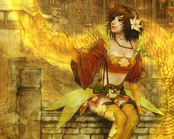 Sun Shang Xiang, sexy, hot, girl, gold, sit, anime girl, sitting, anime, light, flower, yellow, princess, warrior HD wallpaper