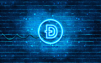 Dogecoin blue logo, , blue brickwall, Dogecoin logo, cryptocurrency, Dogecoin neon logo, Dogecoin HD wallpaper