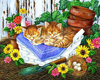 Cute Kitties, artwork, kitten, painting, sunflowers, blossoms, cat, flowers HD wallpaper