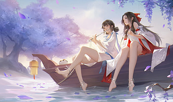 Summer song, blue, boat, flute, egg1111, girl, summer, instrument, fantasy, couple, luminos, water HD wallpaper