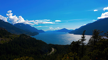 Overlooking Howe Sound, Squamish, British Columbia, hills, trees, clouds, sky, water HD wallpaper