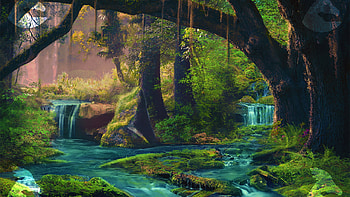 Artistic Waterfall Greenery Mountains Tree Forest Minimalism HD wallpaper