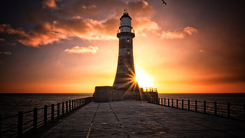 Lighthouse in Sunset, sea, lighthouse, coast, clouds, sky, nature, sunset HD wallpaper