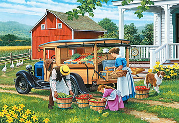Shop at Home, barn, apples, painting, car, flowers, people, countryside, vintage HD wallpaper
