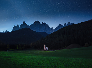 Landscape, Nature, Mountains, Night, Building, Lawn HD wallpaper