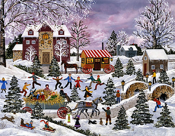 Spirits Up F1, winter, children, art, landscape, beautiful, illustration, artwork, scenery, wide screen, horses, playing, painting, snow, equine HD wallpaper