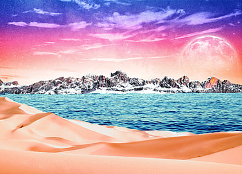 Mountains, desert, sea, digital art, hop HD wallpaper