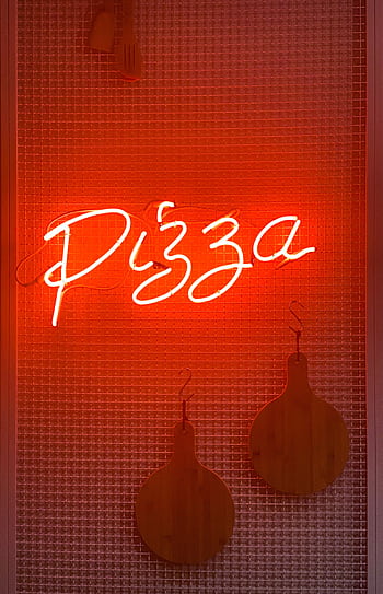 A glowing neon sign displaying the word 'Pizza' on a textured red background. HD phone wallpaper