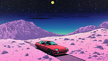 Starry Desert Adventure On Classic Car Synthwave Road, synthwave, road, pink, artist, artwork, digital-art HD wallpaper