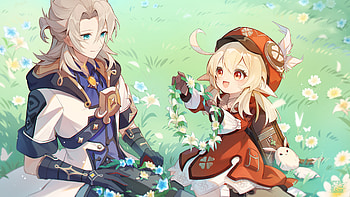 Albedo Klee Grass Flowers Garden Genshin Impact HD wallpaper