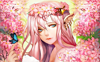 Elf princess, blue, art, girl, spring, elf, pink, anime, butterfly, flower, pixiv, princess, manga, blossom HD wallpaper