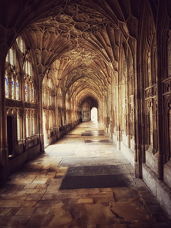 Explore the detailed Gothic architecture of the historic cloister at Gloucester Cathedral, England. HD phone wallpaper