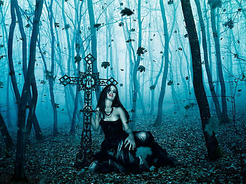 Forever In Death, abstract, fantasy, cross, vampire, forest, woman, forever, death HD wallpaper