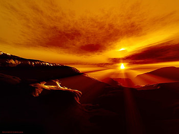 Warming, cg, red, clouds, sky, mountains, orange, sun HD wallpaper