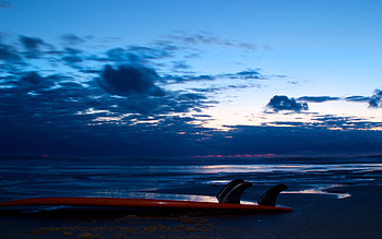 Mimizan Surfing Sunset, blue, beaches, beautiful, twilight, clouds, nature, sky, water, calm, surfboard HD wallpaper