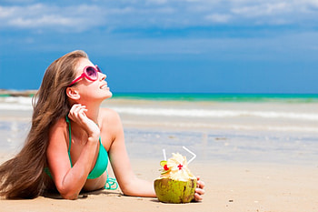 summer, profile, sand, swimsuit, long-haired, brown hair, girl, beach HD wallpaper