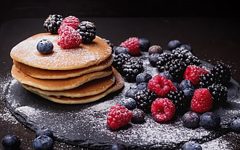 Pancakes, fruit, breakfast, food HD wallpaper