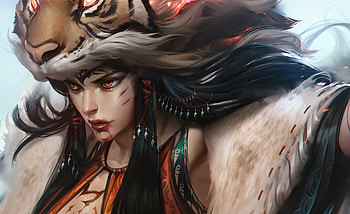 Tiger spirit, tigru, face, girl, frumusete, chengwei pan, tiger, art, gorgeous, superb, spirit, fantasy HD wallpaper
