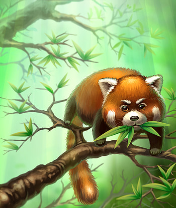 Art, Leaves, Branches, Animal, Little Panda, Small Panda HD phone wallpaper