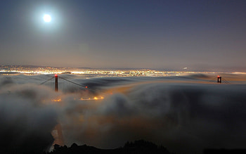 Cities, Night, Moon, Usa, Shine, Light, Fog, United States, California, San Francisco, Golden Gate Bridge HD wallpaper