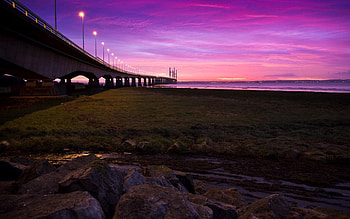Cities, Rivers, Sunset, Sky, Lights, Road, Bridge HD wallpaper