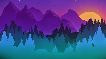 Sunset, digital art, mountains and forest HD wallpaper