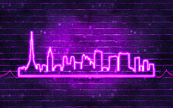 Tokyo violet neon silhouette, , violet neon lights, Tokyo skyline silhouette, violet brickwall, japanese cities, neon skyline silhouettes, Japan, Tokyo silhouette, Tokyo HD wallpaper