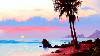 Tropical Sunset, palm tree, colors, clouds, sky, sun, rocks, beach HD wallpaper