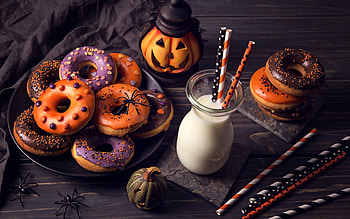 T R E A T S-NO-T R I C K S ;), MILK, HALLOWEEEN, TREATS, spiders, DONUTS, JOL HD wallpaper