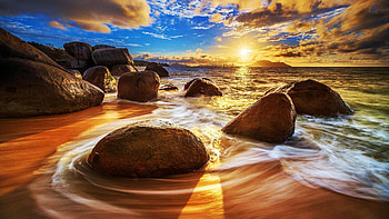 The coast of Borneo, Indonesia, colors, sky, rocks, sunset, clouds HD wallpaper