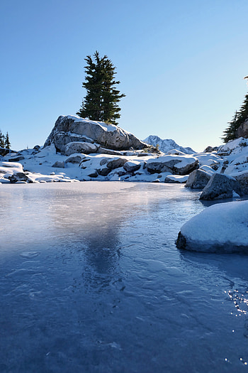 Winter, Nature, Snow, Rock, Lake, Wood, Tree HD phone wallpaper