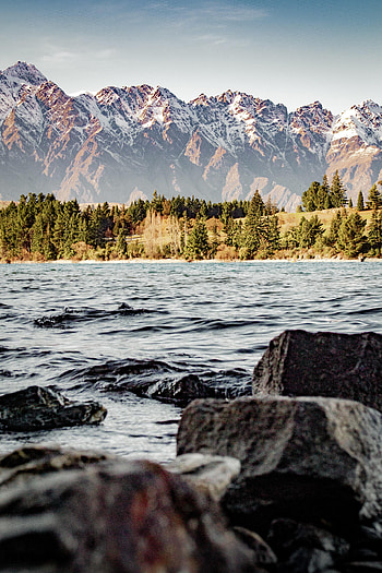 Nature, Trees, Stones, Mountains, Lake, Snow Covered, Snowbound HD phone wallpaper