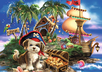Puppy Pirate, dog, island, sea, palm, chip, artwork, painting, fish, hat HD wallpaper