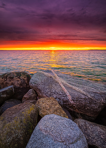 Nature, Sunset, Stones, Sea, Horizon HD phone wallpaper