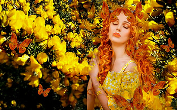 Tropical Colors, yellow, bright, bold, redhead, girl, orange, colorful, black, vibrant, butterflies, vivid HD wallpaper