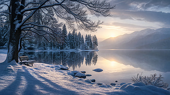Winter Serenity — Lakeside, Snow, Tree, Mountain, Snowy Mountain HD wallpaper
