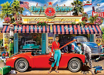 Ray's Service Station, vintage, cars, station, gas pumps, route 66, flowers HD wallpaper