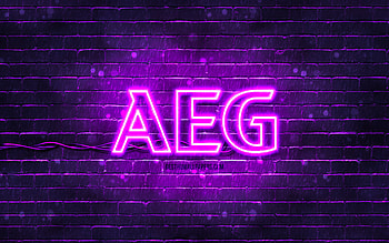 AEG violet logo, , violet brickwall, AEG logo, brands, AEG neon logo, AEG HD wallpaper