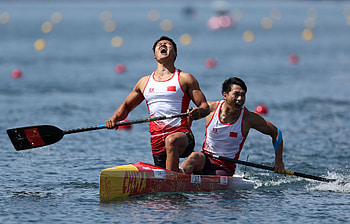 Chinese canoeists Liu Hao and Ji Bowen celebrate after winning a doubles gold medal Paris Olympics, Sports, olympic games, Olympic Games Paris 2024, China HD wallpaper