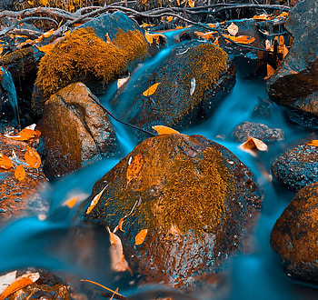 autumn flow, blue, river, flow, autumn, nature, rocks, stream HD wallpaper