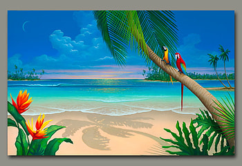 ANOTHER PERFECT DAY, parrots, palm, trees, ocean beach, sun HD wallpaper