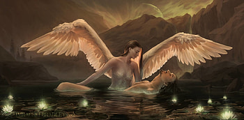 To fall for an angel, wings, man, angel, girl, copuple, feather, fantasy, luminos, water HD wallpaper