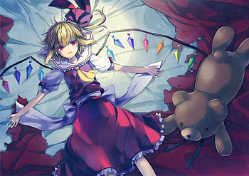 Flandre Scarlet, colorful, ribbon, scarlet, dress, wing, bear, flandre, animal stuff, bow HD wallpaper