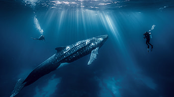 Quad — Whale Shark & Divers: Deep Blue Encounter, whale shark, diver HD wallpaper