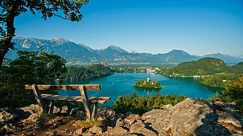 Lake Bled,view from above, island, bench, slovenia, landscape, church, rocks, mountains HD wallpaper