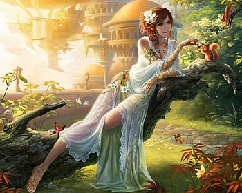 Fantasy, scurel, art, cute, grass, lie, dress, tree, feeding, cool, trees, brown hair, lie on tree HD wallpaper