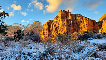 Utah, Zion National Park, snow, winter, clouds, landscape, sky, rocks, usa HD wallpaper
