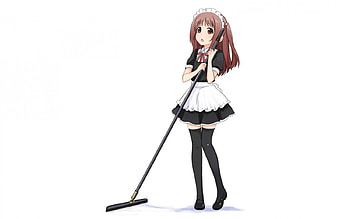 ~Cute Little Maid~, cleaning, brown eyes, maid, anime, broom, brown hair, cute HD wallpaper