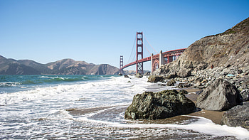 Landscape View Of Bridge Mountains Ocean Waves Rocks Stones Under Blue Sky Nature HD wallpaper